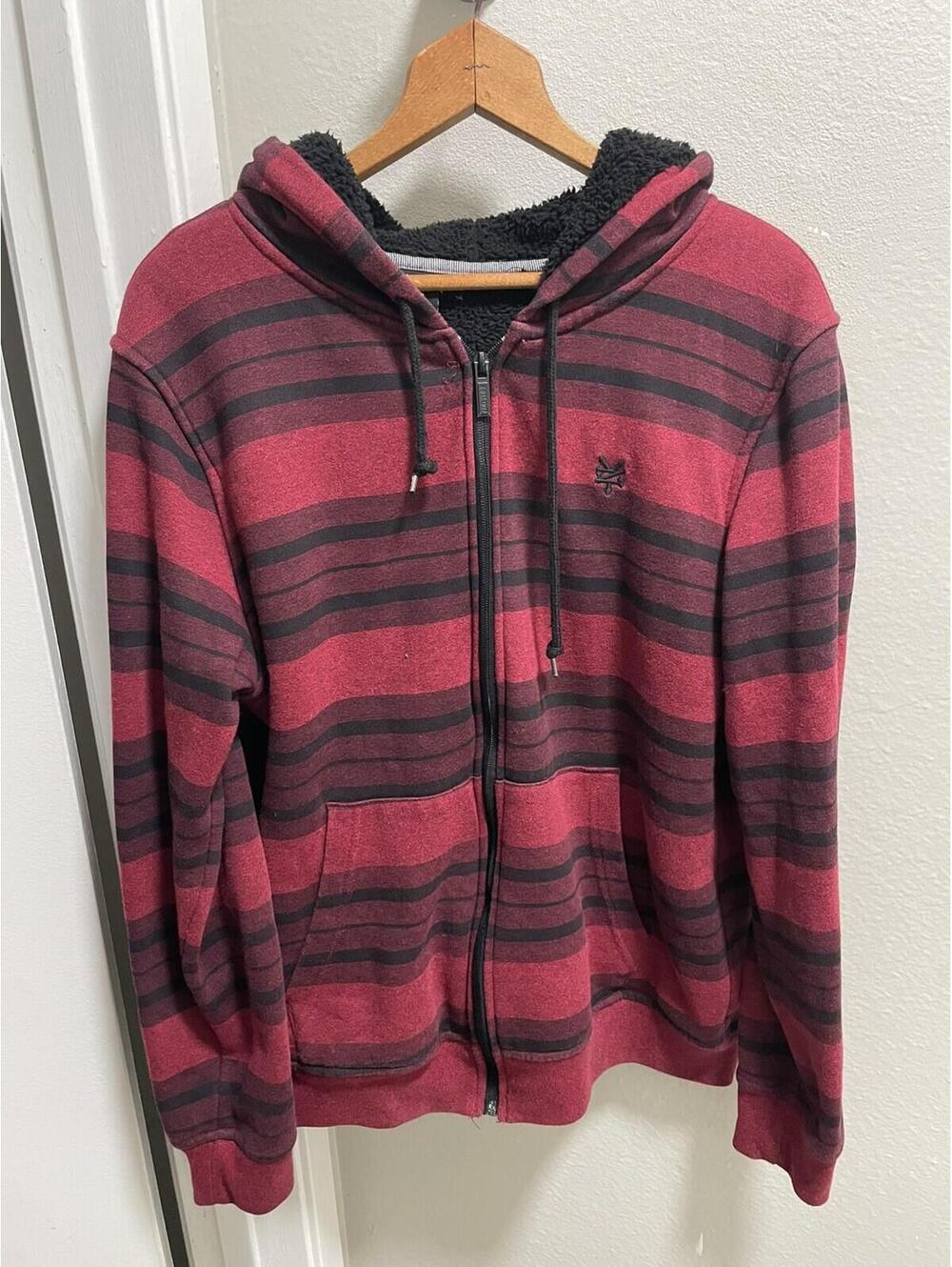Zoo York Hoodie Mens M Red Black Striped Sherpa Lined Grunge